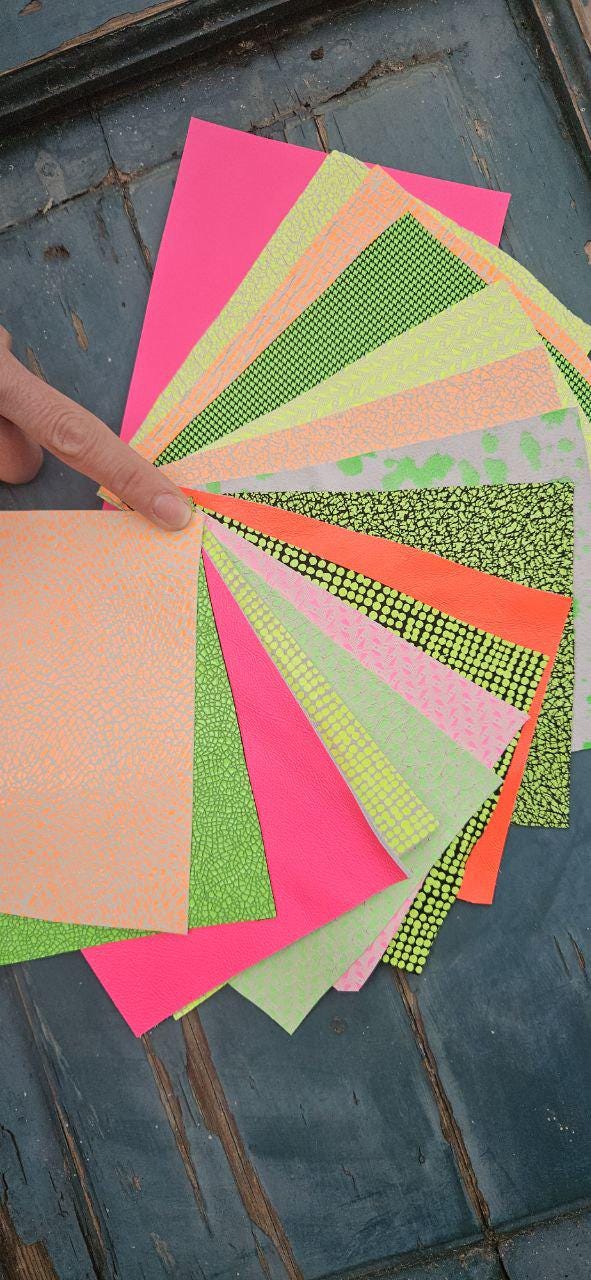 10 Leather scraps, NEON tones, random selection , printed and solid colors remnants, 6x5 inches/15x12 cm RT281 La Garzarara