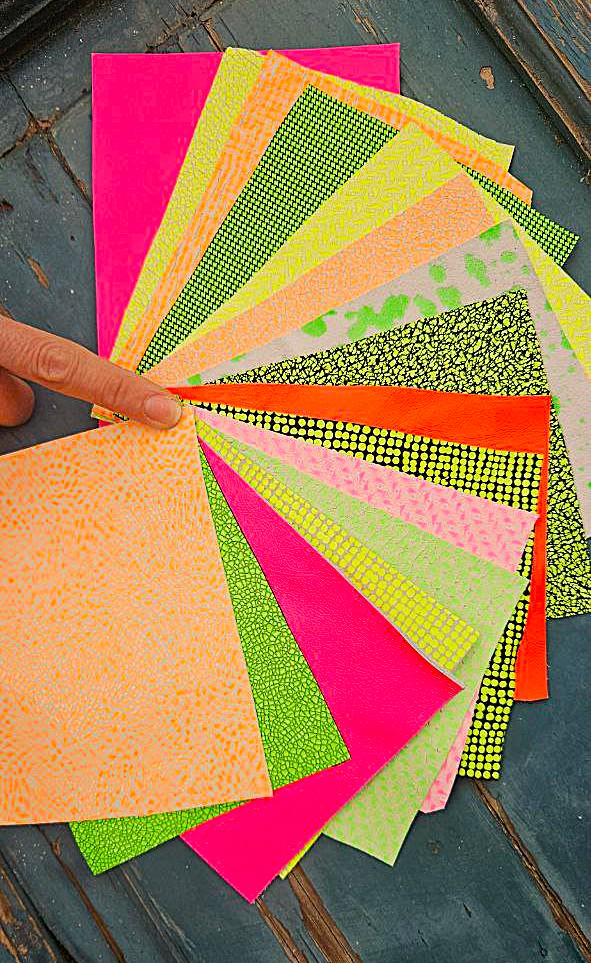 10 Leather scraps, NEON tones, random selection , printed and solid colors remnants, 6x5 inches/15x12 cm RT281 La Garzarara