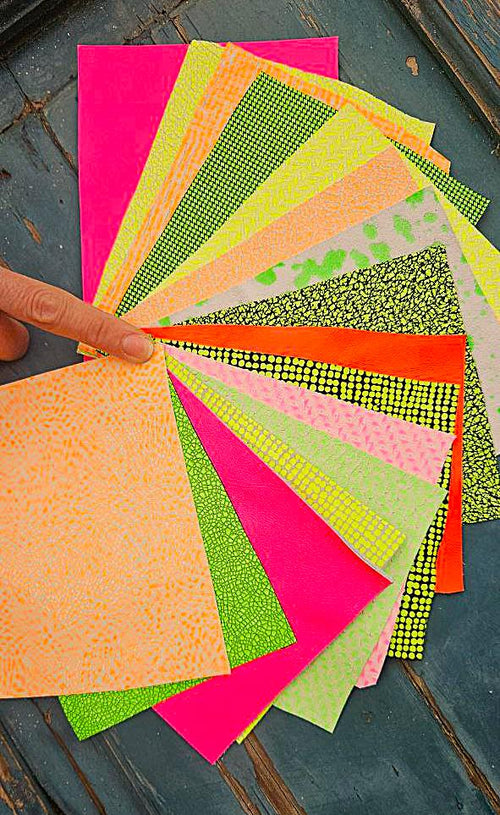 10 Leather scraps, NEON tones, random selection , printed and solid colors remnants, 6x5 inches/15x12 cm RT281 La Garzarara
