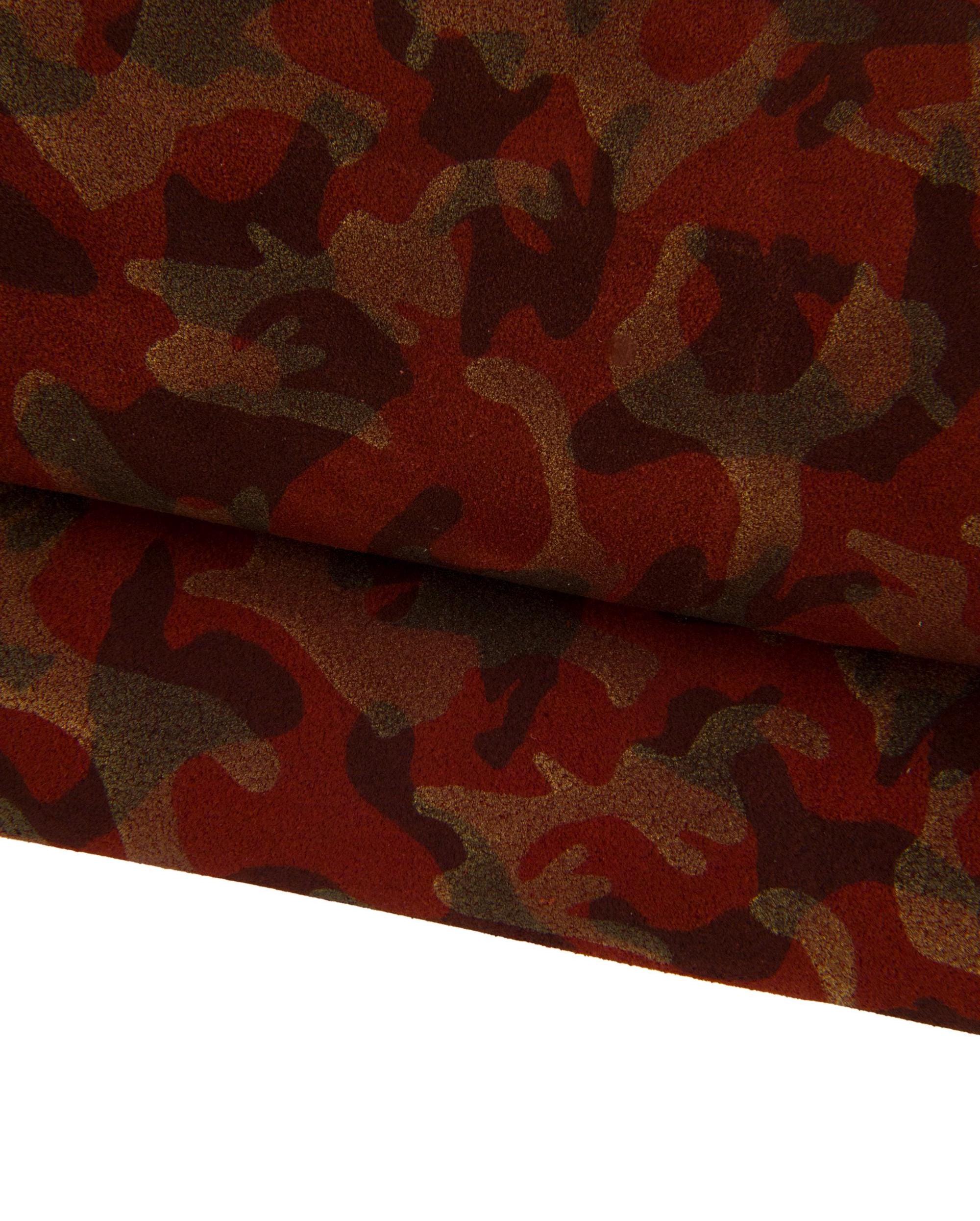 CAMO Leather hide, textured leather skin, bronze brown military print on rust suede split calfskin camouflage B17319-MT(ST) La Garzarara