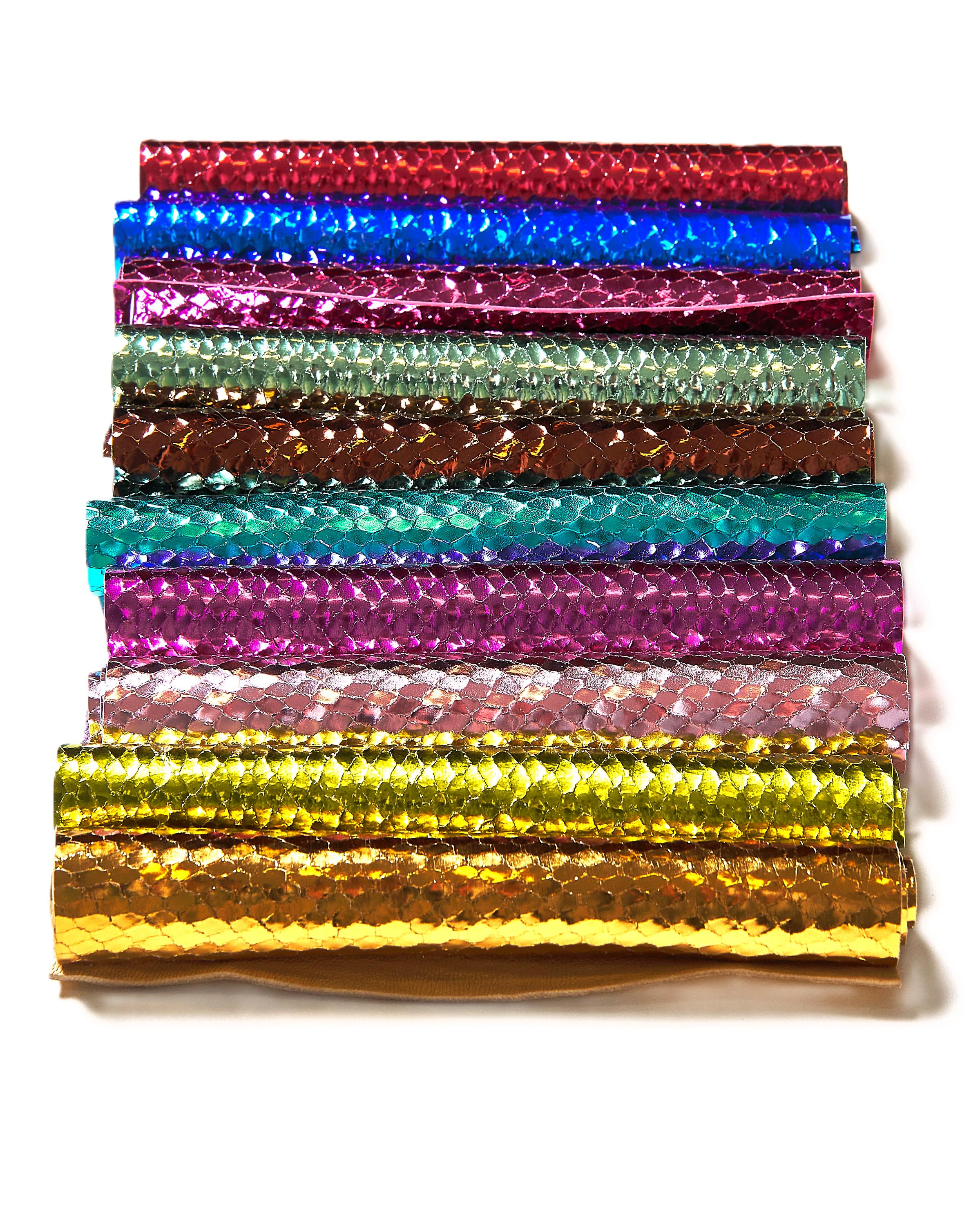 Metallic PYTHON printed leather scraps in bright colors - 10 random reptile remnants snake leather pieces 6x5" / 15x12 cm RT306 La Garzarara