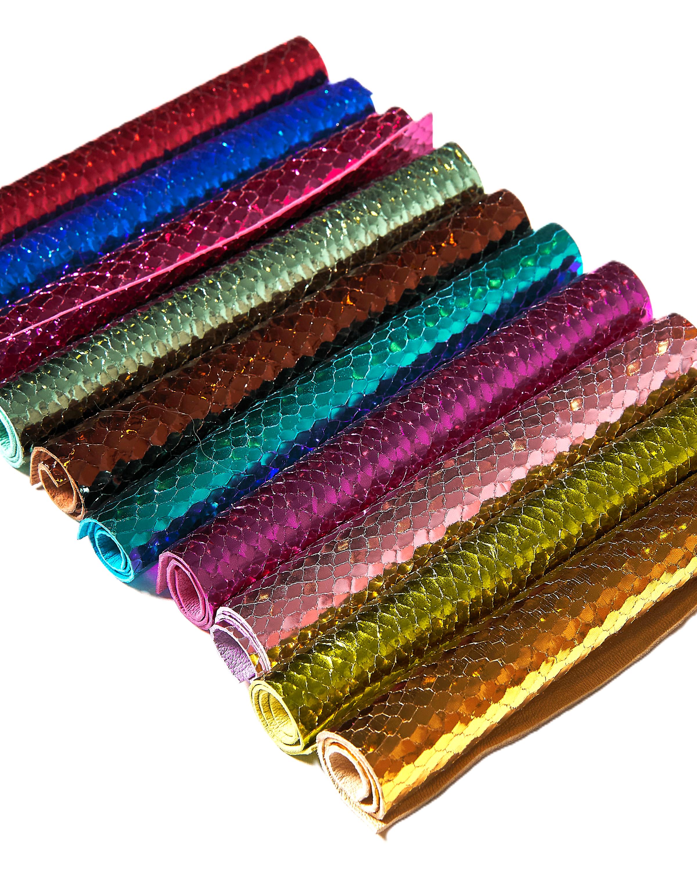 Metallic PYTHON printed leather scraps in bright colors - 10 random reptile remnants snake leather pieces 6x5" / 15x12 cm RT306 La Garzarara