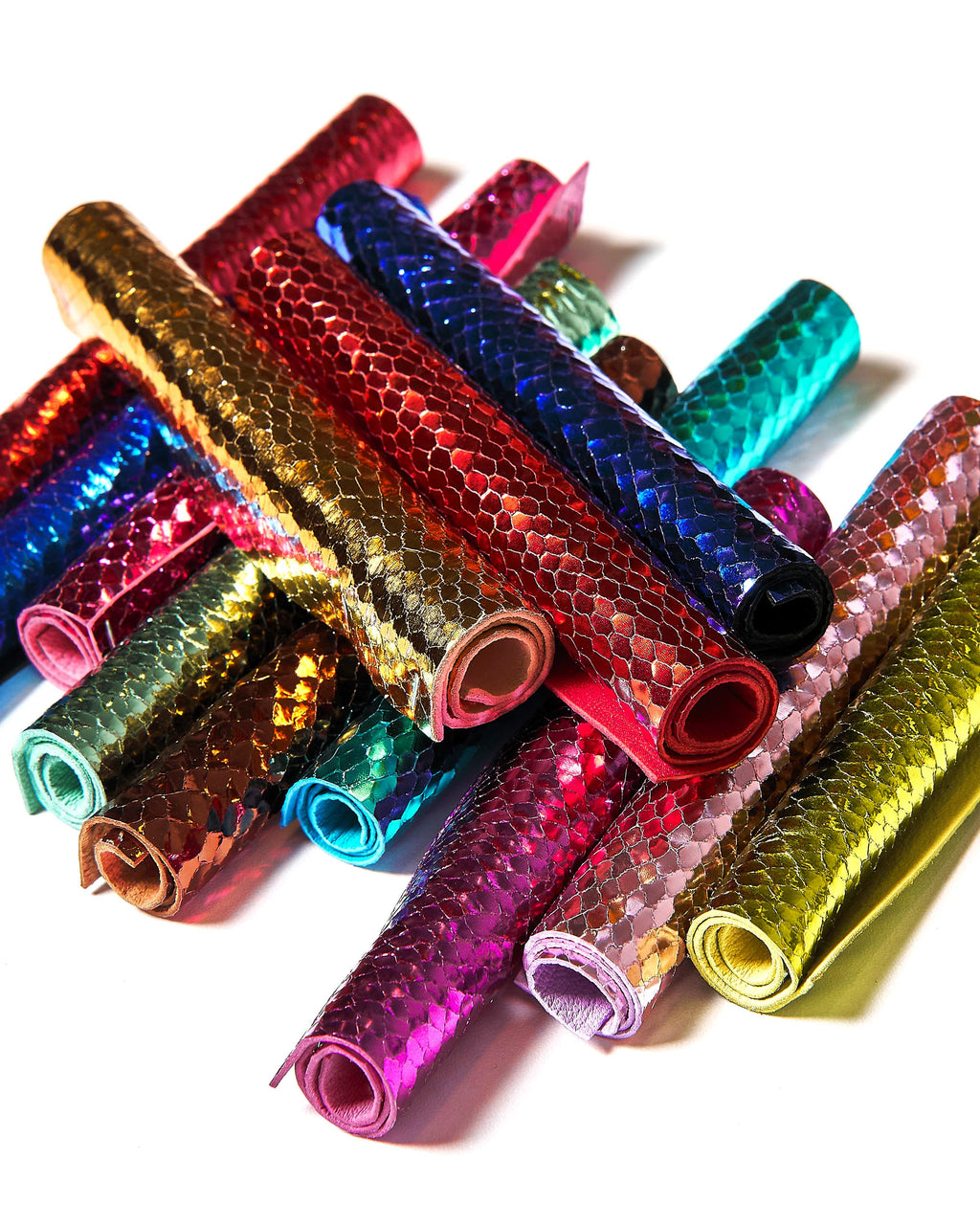 Metallic PYTHON printed leather scraps in bright colors - 10 random reptile remnants snake leather pieces 6x5" / 15x12 cm RT306 La Garzarara