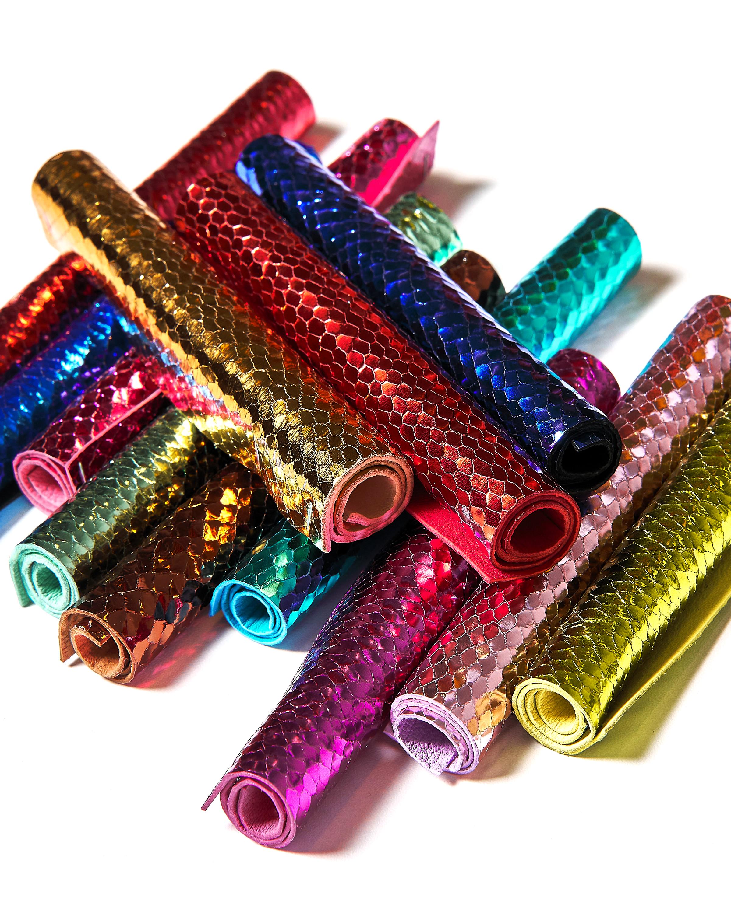 Metallic PYTHON printed leather scraps in bright colors - 10 random reptile remnants snake leather pieces 6x5" / 15x12 cm RT306 La Garzarara