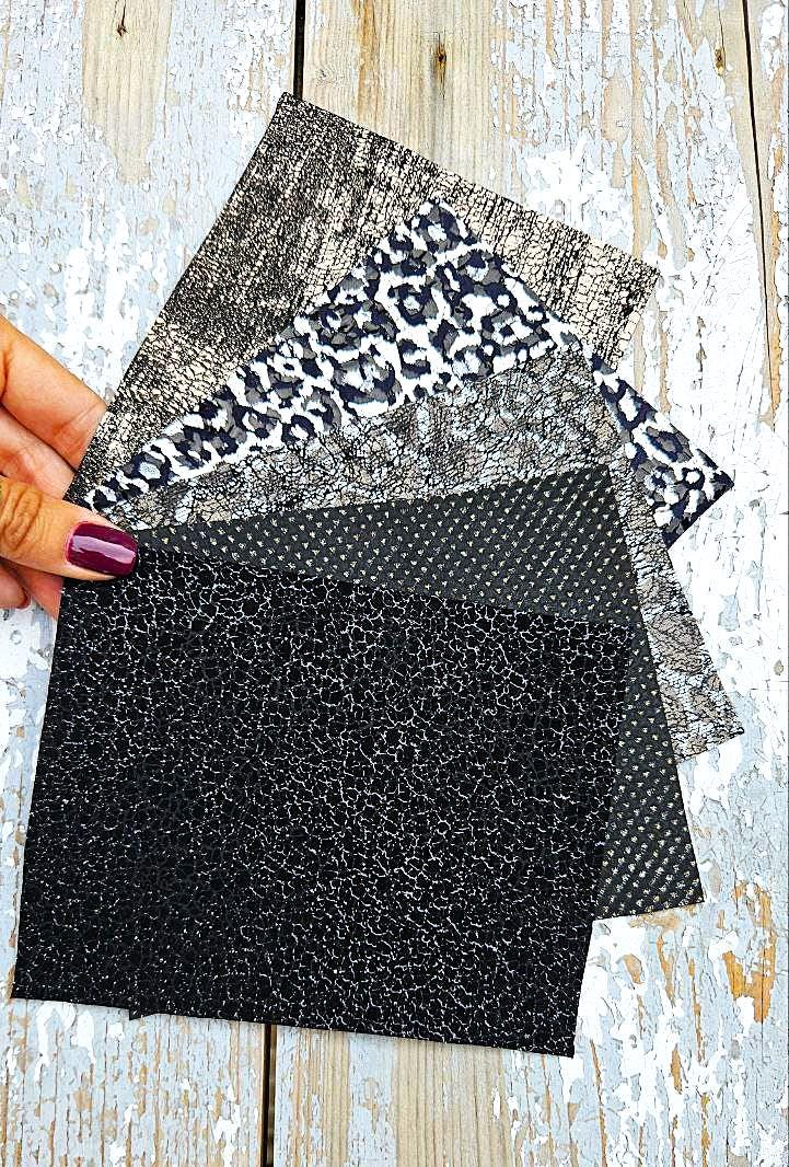 Black and Silver Leather Scraps, Patterned Leather Offcuts, Mixed Texture Craft Leather Pieces RT230 La Garzarara