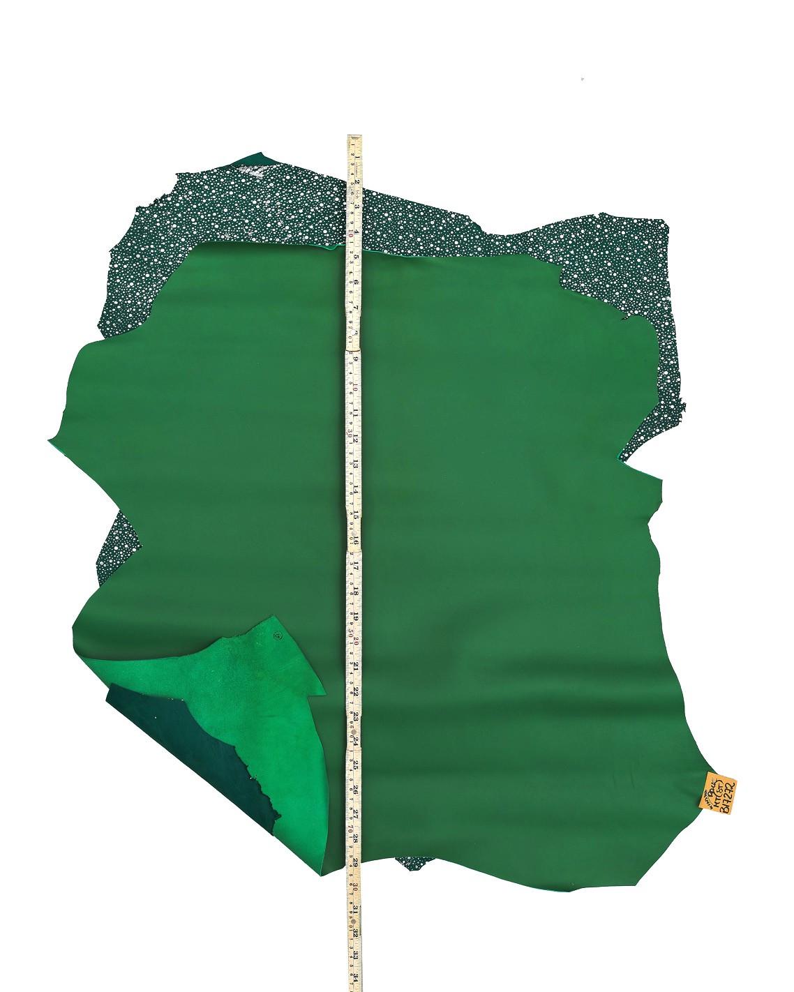 Green leather hide smooth finish, polka dot printed skin white spots, emerald fashion leather hide for bags. Set of 2 skins B17272-MT(st)