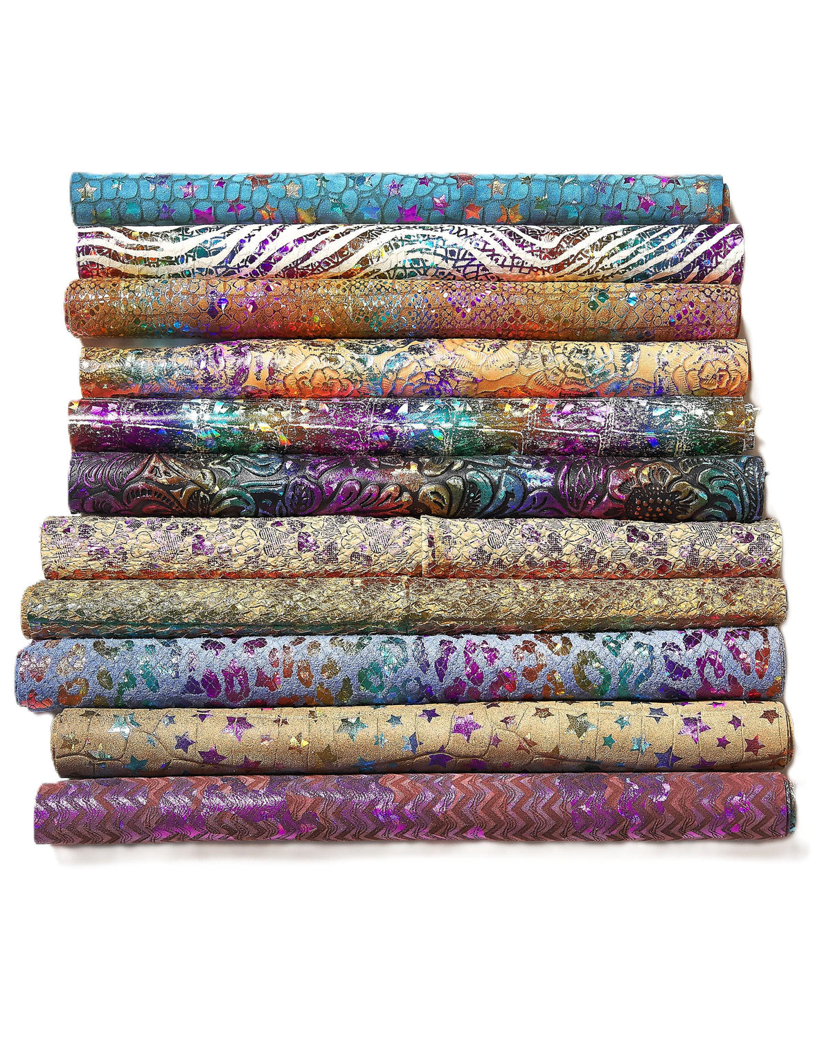 HOLOGRAPHIC Leather Scraps in Assorted Colors, 10 random various prints and tones 6x5"/15x12 cm and 10x8"/25x20 cm RT302 La Garzarara