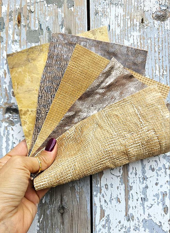 Textured Leather Pieces in Golden Tones, Gold Leather Scraps, Metallic Gold and Champagne Offcuts, RT227