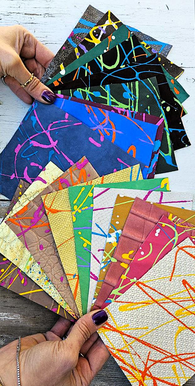 10 Multicolor Leather scraps, pollock painted offcuts, random selection, selected from the colors of the photos 6x5" / 15x12 cm RT281