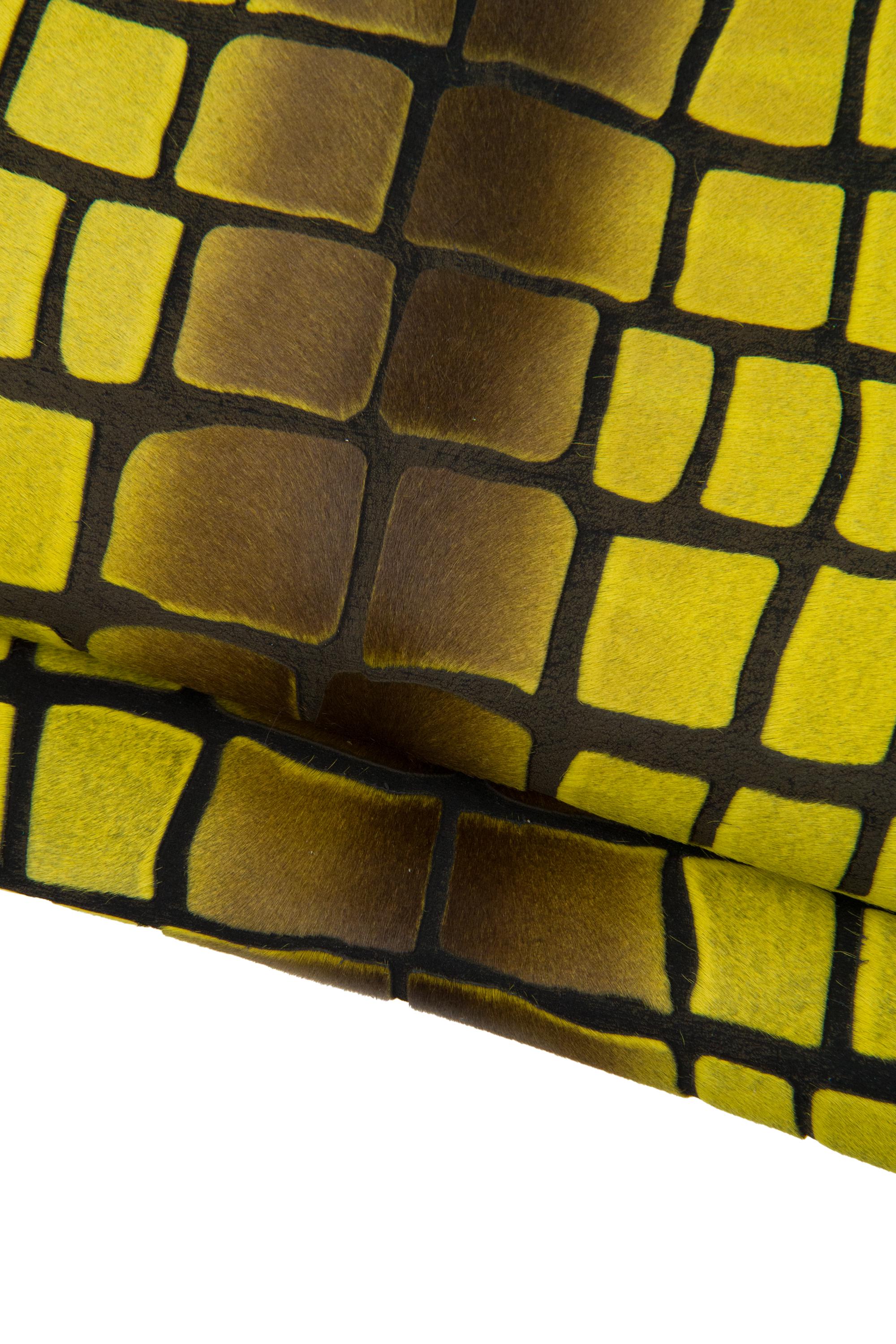 Yellow pony hair leather hide, graphic crocodile grid print skin, artistic central stripe pattern leather B17720-CV La Garzarara