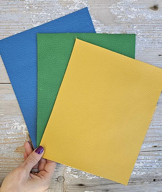 3 Pebbled Leather Pieces, Fine Grain Leather Scraps, Colorful Blue Green Yellow Offcuts 8x10" / 20x25 cm, thicks RT311 La Garzarara