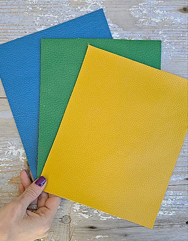 3 Pebbled Leather Pieces, Fine Grain Leather Scraps, Colorful Blue Green Yellow Offcuts 8x10" / 20x25 cm, thicks RT311 La Garzarara