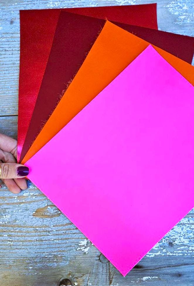 Bold Color Leather Scraps, Hot Pink Orange and Red Offcuts, Leather Pieces for Earrings and DIY 8x10" / 20x25 cm RT312 La Garzarara