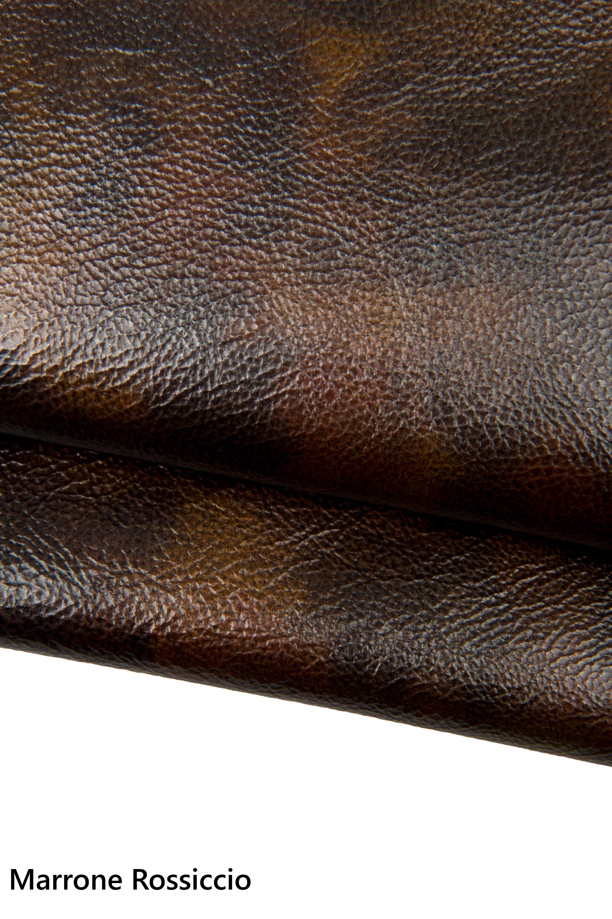 Aged glossy leather hide vintage washed look, distressed brown soft skin natural grain, antique style leather crafter B17945-st La Garzarara