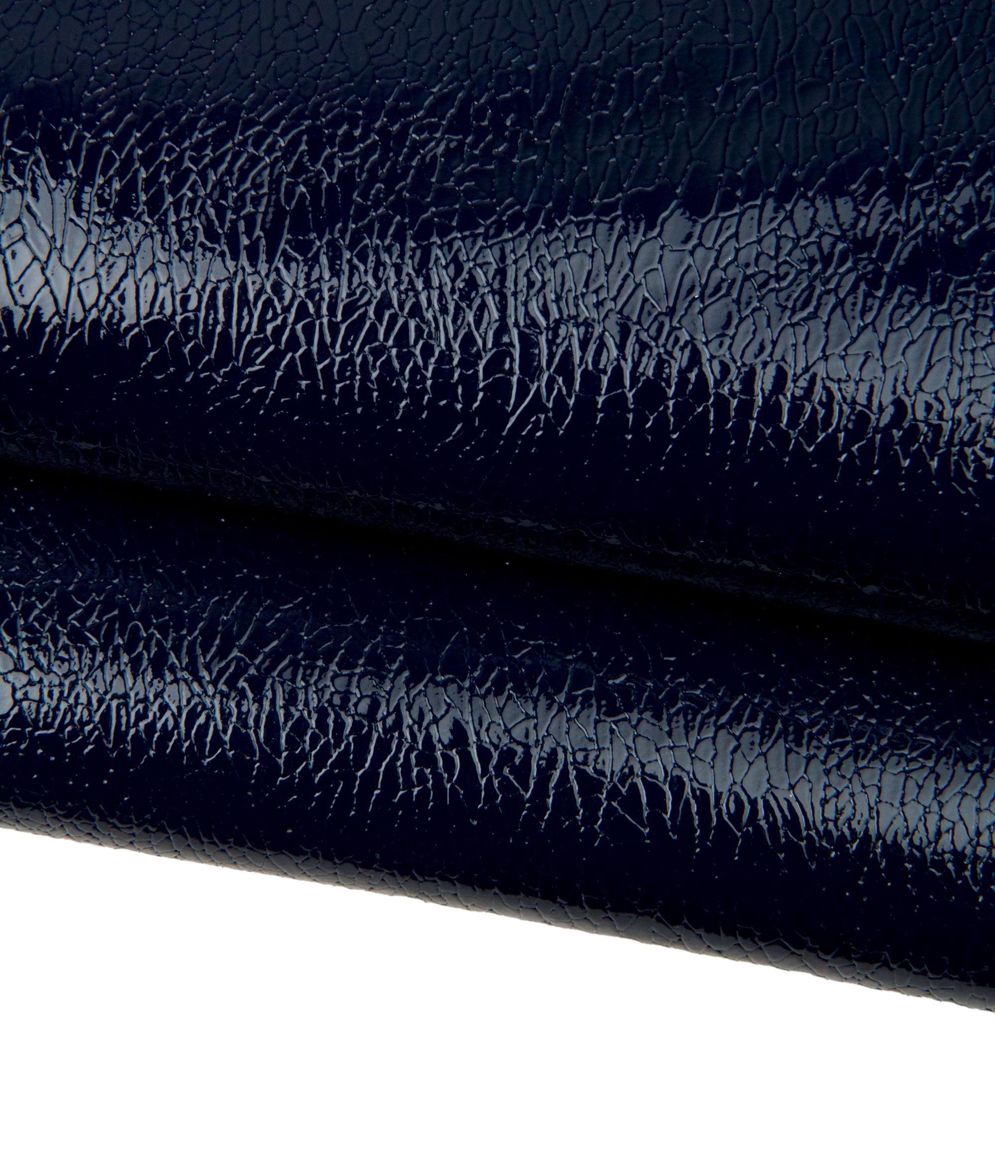 Blue CRACKLED printed leather hide, glossy embossed PATENT cowhide, calfskin 1.0-1.2 mm medium softness B17933-ST La Garzarara