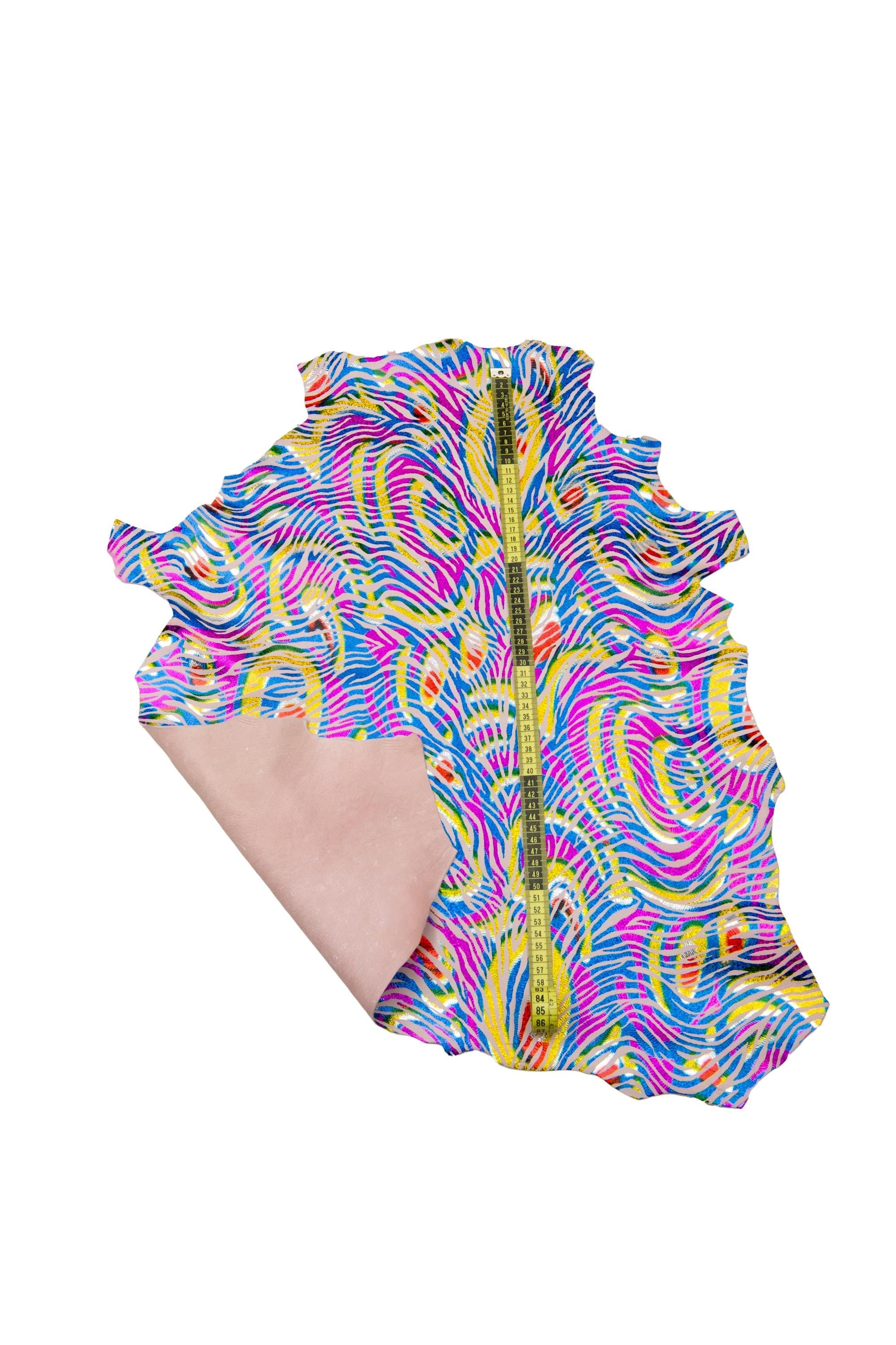 Multicolor ZEBRA printed leather skin, IRIDESCENT metallic animal texture on powder pink suede goatskin for diy projects B17825-MT(st)