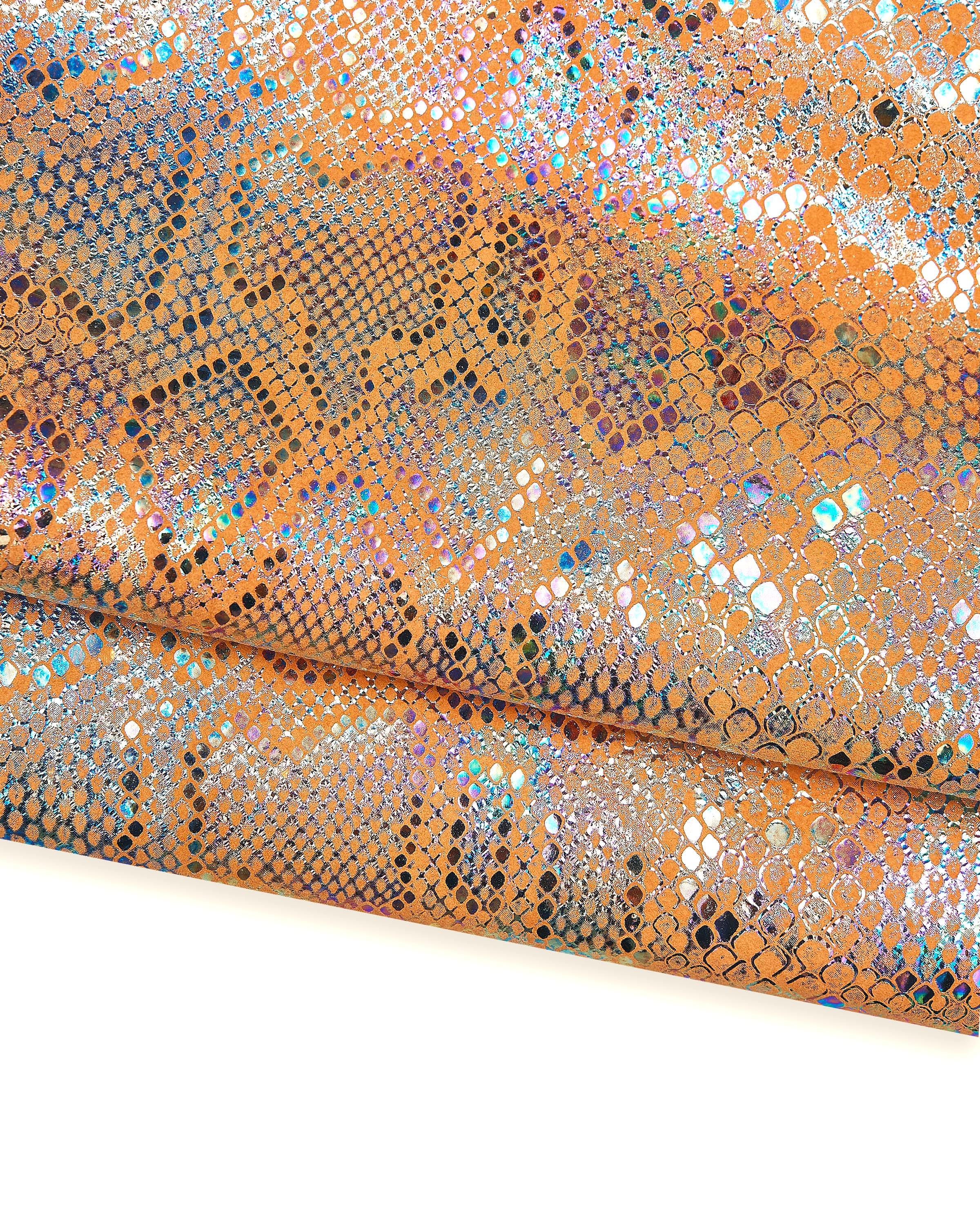 Orange python leather hide, snake print skin reptile embossed iridescent effect,suede holographic leather B17823-MT(st) La Garzarara