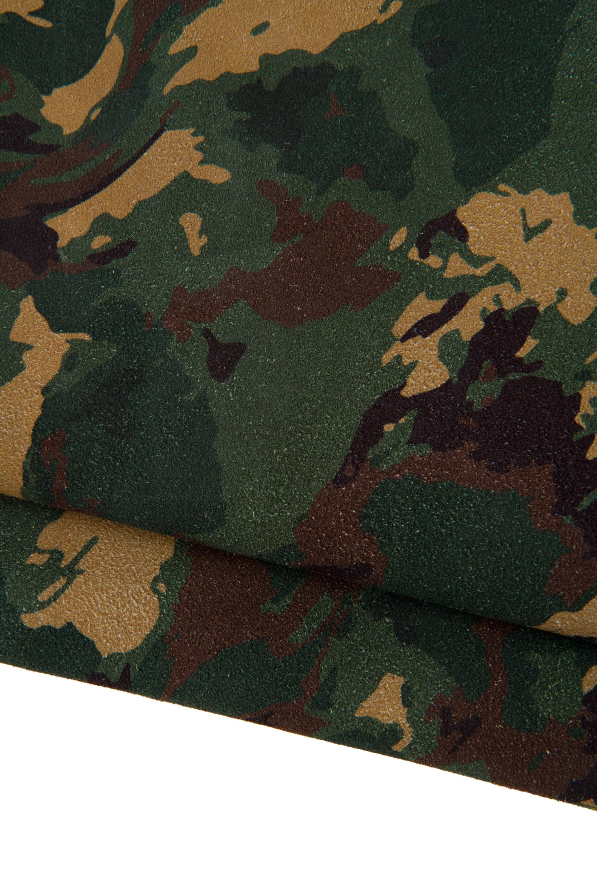 CAMOUFLAGE textured leather hide, green - brown - beige MILITARY print on cowhide, soft calfskin B17690-ST La Garzarara
