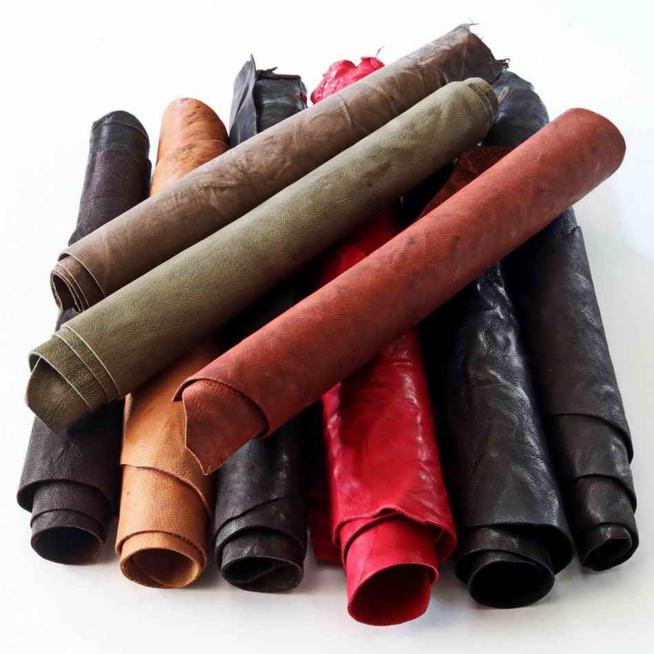 Leather scraps - wrinkled washed, colors and softnes various, italian leather pieces 1 lbs b1500-rc