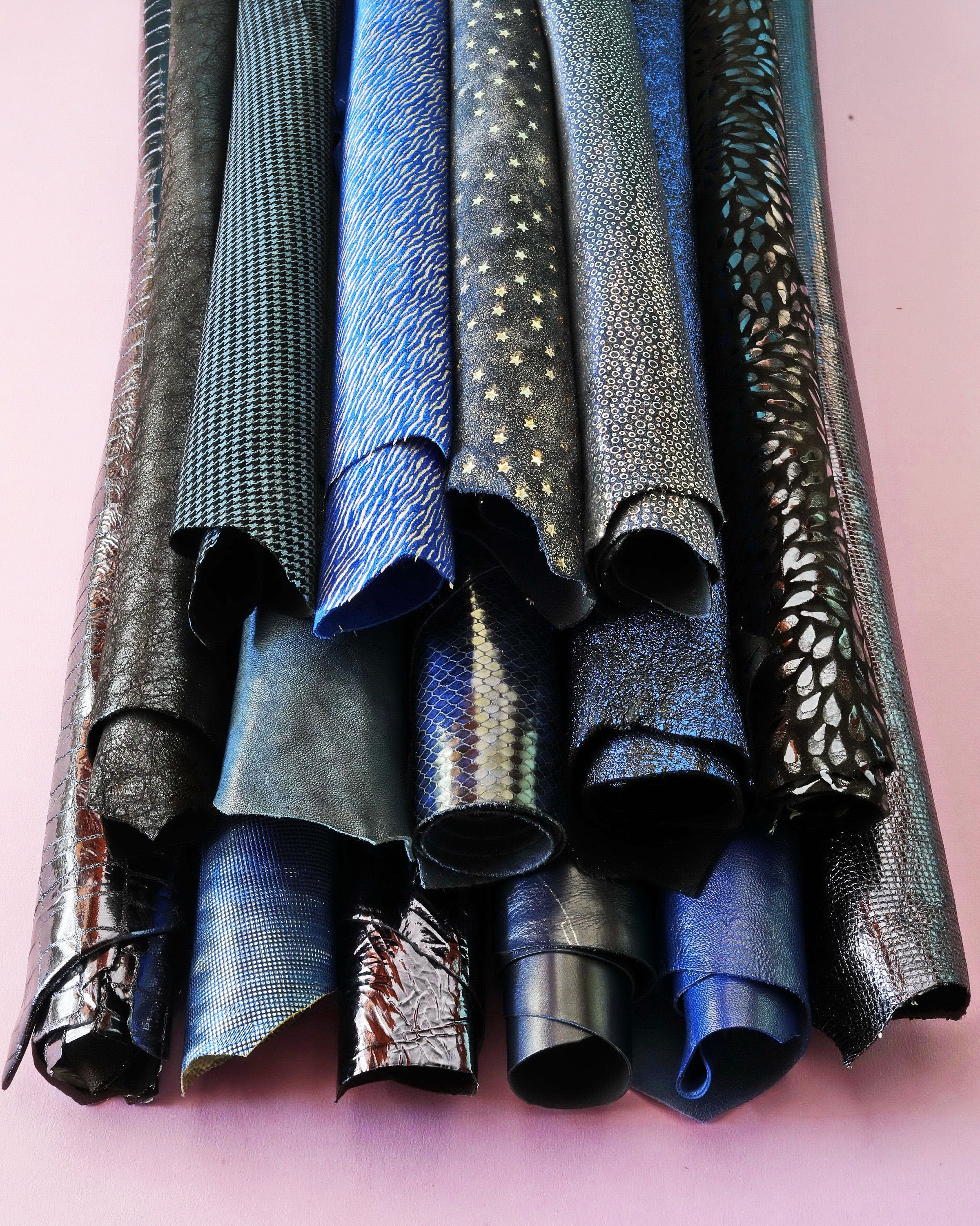 Blue Leather Hides Bundle, Assorted Genuine Leather Skins, Printed, Metallic and Embossed Random PackB14923-ST La Garzarara