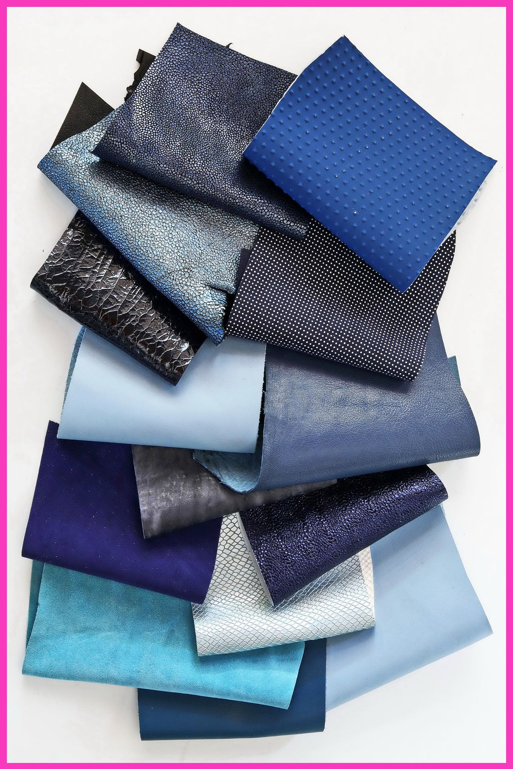 Blue Tone Leather Scraps, Azure Navy and Deep Blue Assortment, Mixed Finishes Piece for Small Crafts B1310-RC La Garzarara