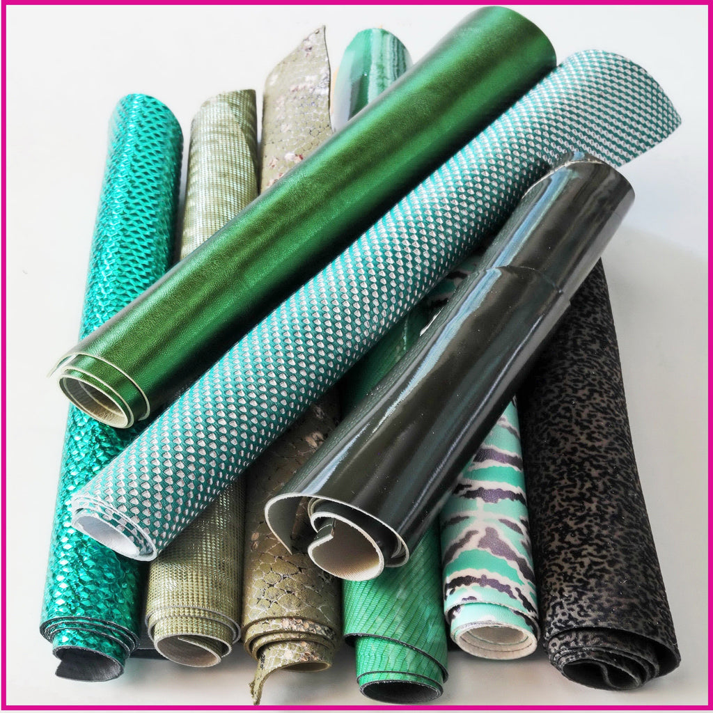 Green leather SCRAPS, random mixed remnants and offcuts, solid colors and patterns, smooth and grained hides 0.5 kg B1300-RC La Garzarara