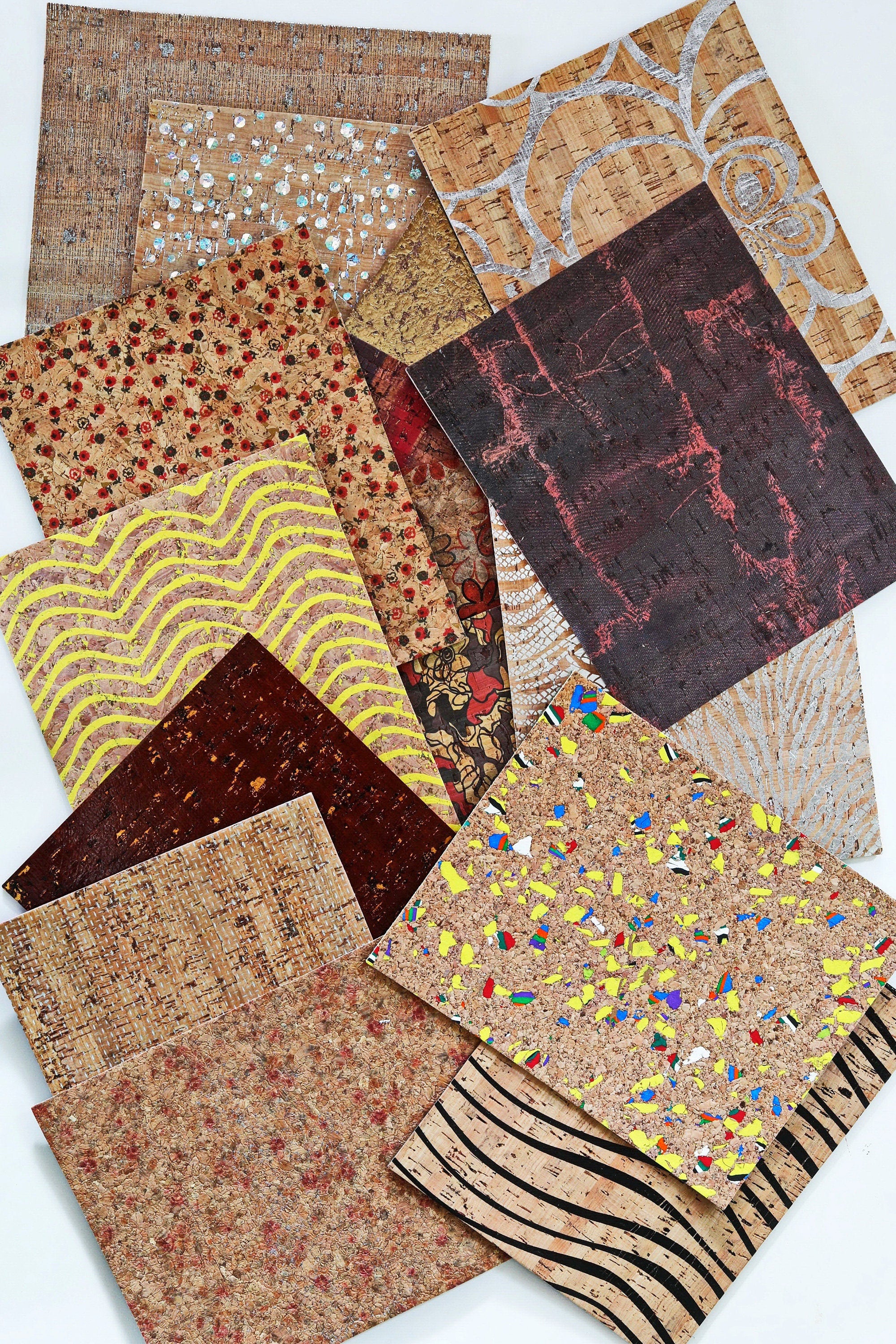 Cork Leather Sheets – 10 Mixed Printed Panels – Cork Bonded to Real Leather Backing – Craft & Bag MaterialB155/SGH La Garzarara