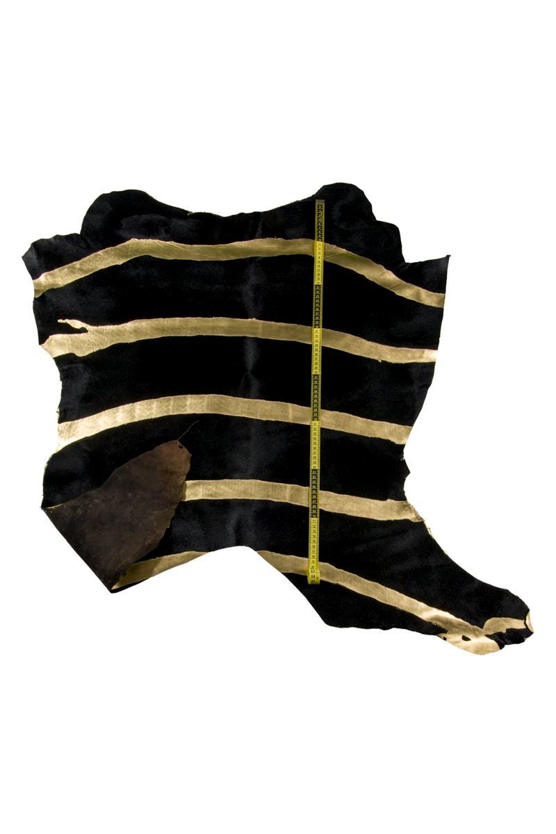Black Hair-on Leather with Gold Stripes, Zebra Print Ponyskin Leather, Genuine pony hair Leather hide for Accessories B17092-CV La Garzarara