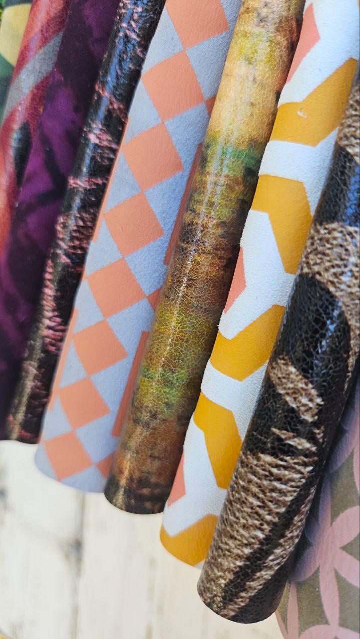 10 Colorful Printed Leather Scraps RANDOM selection, GEOMETRIC and ABSTRACT leather scraps 5x5" / 12x12 cm and 10x8" / 20x25 cm RT340