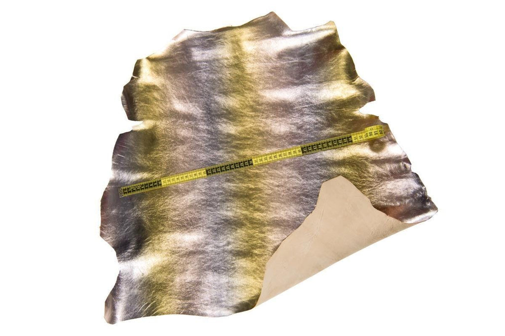 Color-shifting goatskin leather hide, shiny iridescent finish with gold pink purple reflections B16954-MT La Garzarara