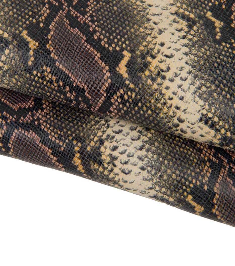 Vintage Python leather skin, brown yellow SNAKE printed goatskin, animal reptile pattern on soft hide B17489-ST La Garzarara