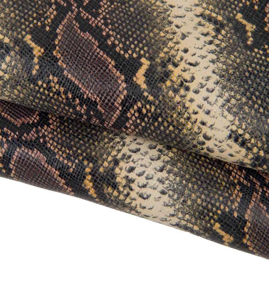 Vintage Python leather skin, brown yellow SNAKE printed goatskin, animal reptile pattern on soft hide B17489-ST La Garzarara
