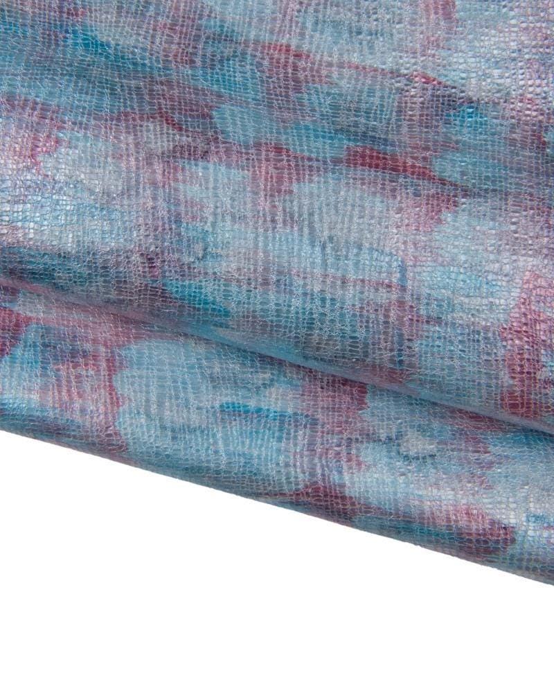 Blue Watercolor Print Leather Hide, Pastel Artistic Leather Skin, Denim Metallic tie dye goat lB17355-MT(st) La Garzarara