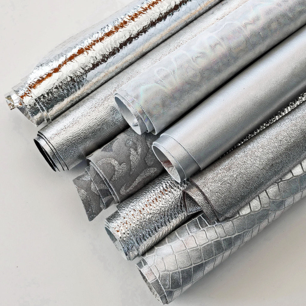 Silver Leather pieces, assorted metallic leather scraps, solid and patterned offcuts, RANDOM selection 1 lbs / 500 gr B1360 RC La Garzarara