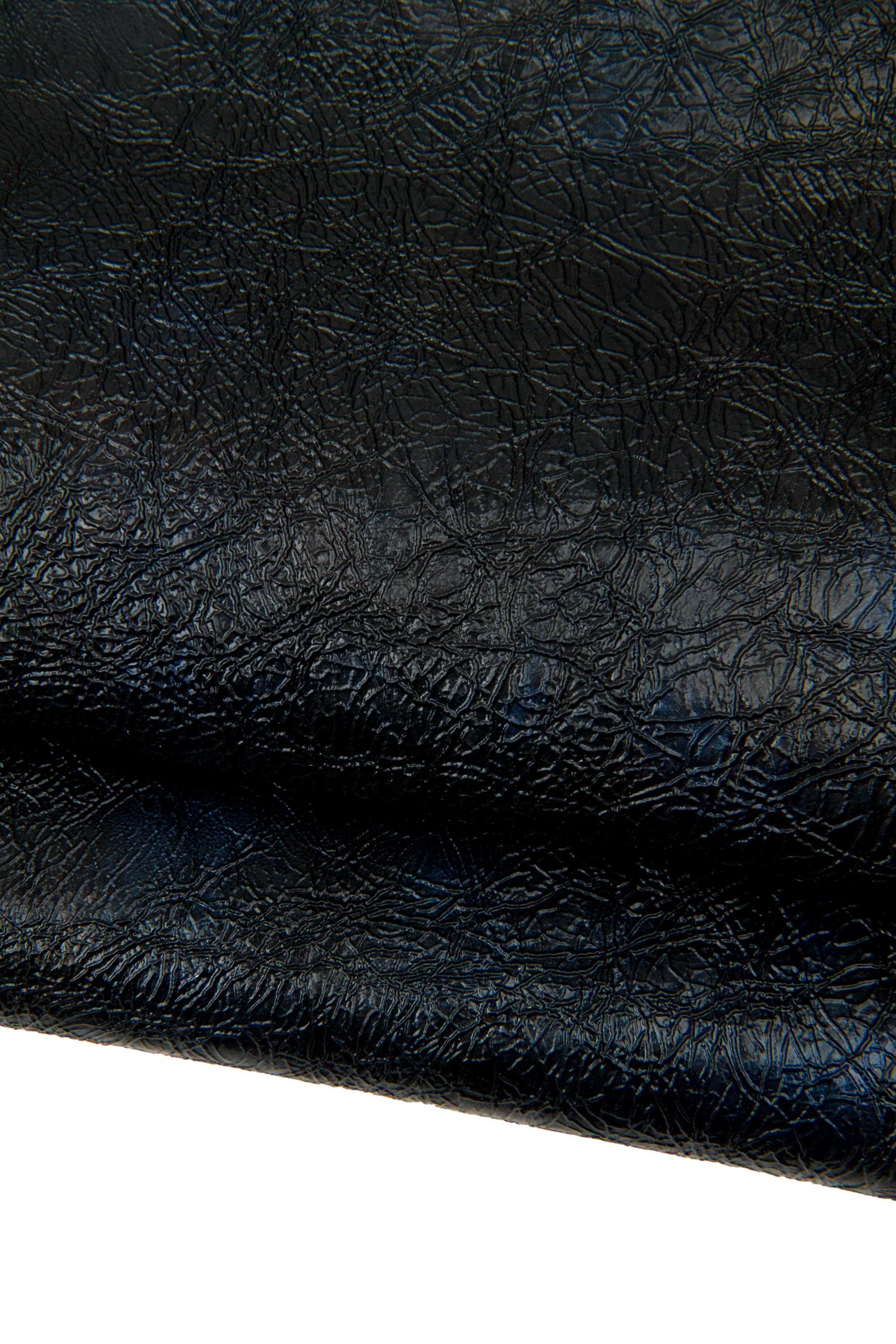 Black Grained leather skin with blue shades - glossy goatskin, soft patent effect hide for hobbyists B17935-TB La Garzarara