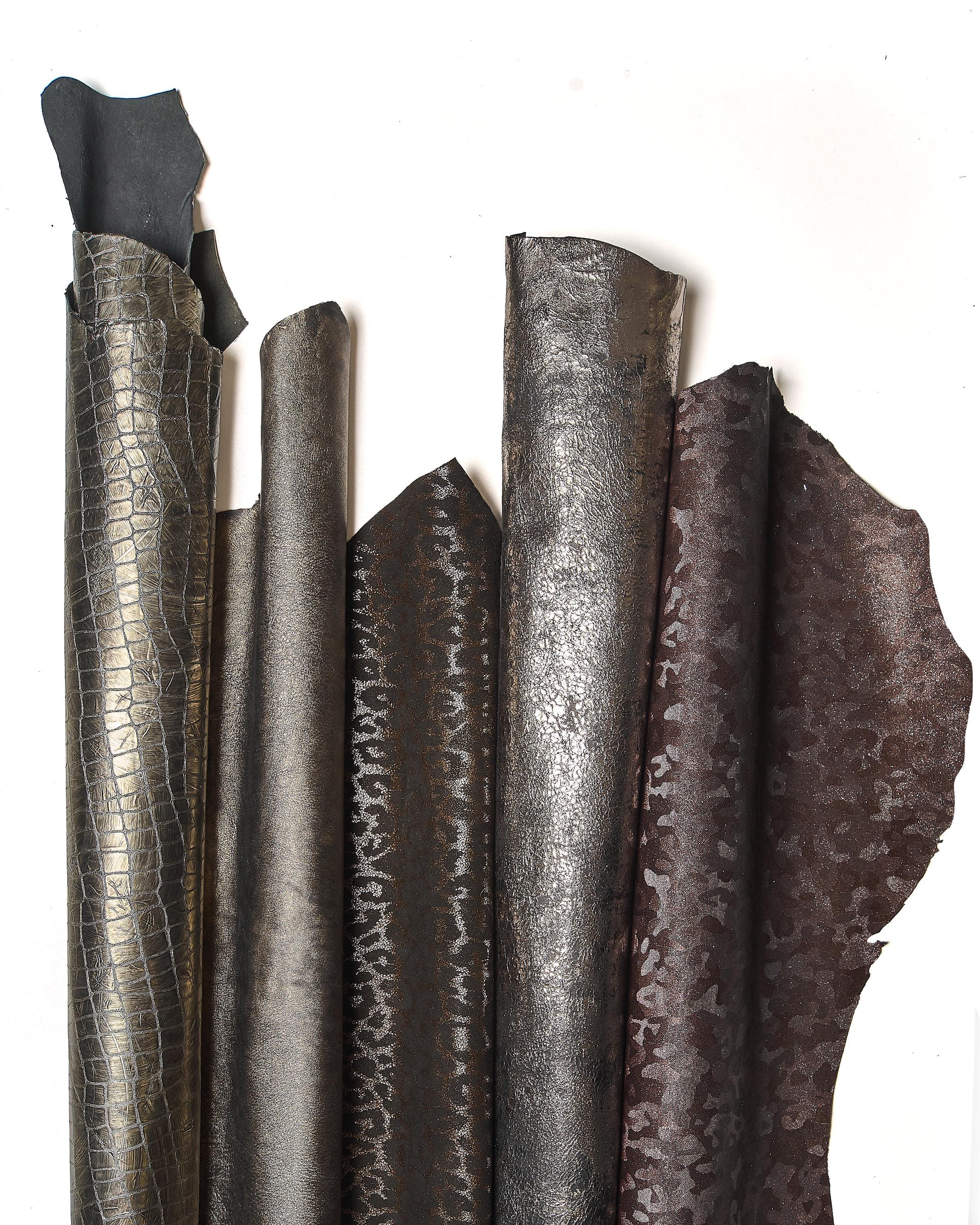 Steel, Bronze Bordeaux Leather Assortment , Lot of printed Hides & Skins Metallic, Vintage Fashion random hides B18133-MT(ST)