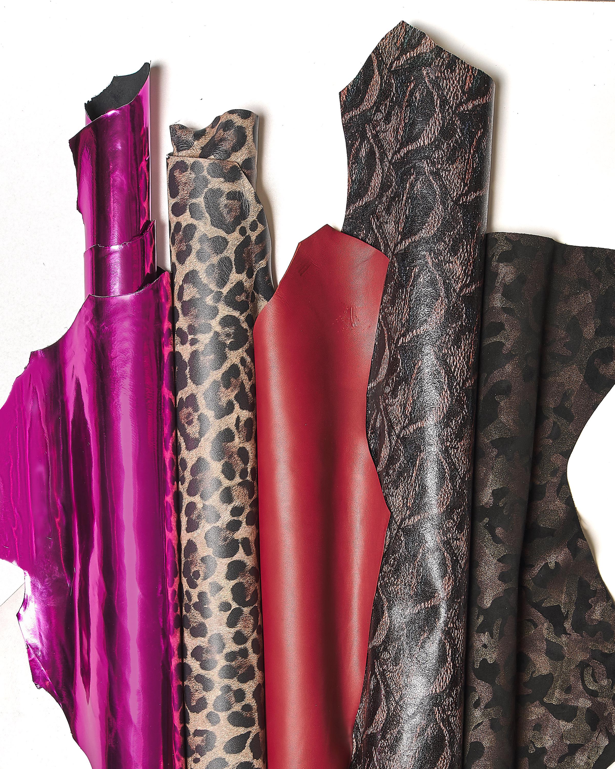 Mix leather skins lot, Red, pink and beige leather hides 5 metallic, leopard and camouflage printed hides, fancy goatskins B18130-MT(ST)