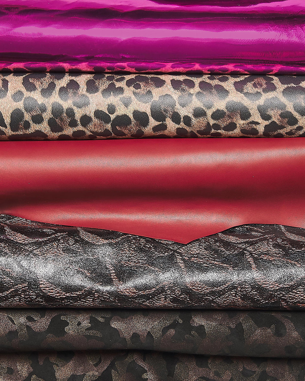 Mix leather skins lot, Red, pink and beige leather hides 5 metallic, leopard and camouflage printed hides, fancy goatskins B18130-MT(ST)