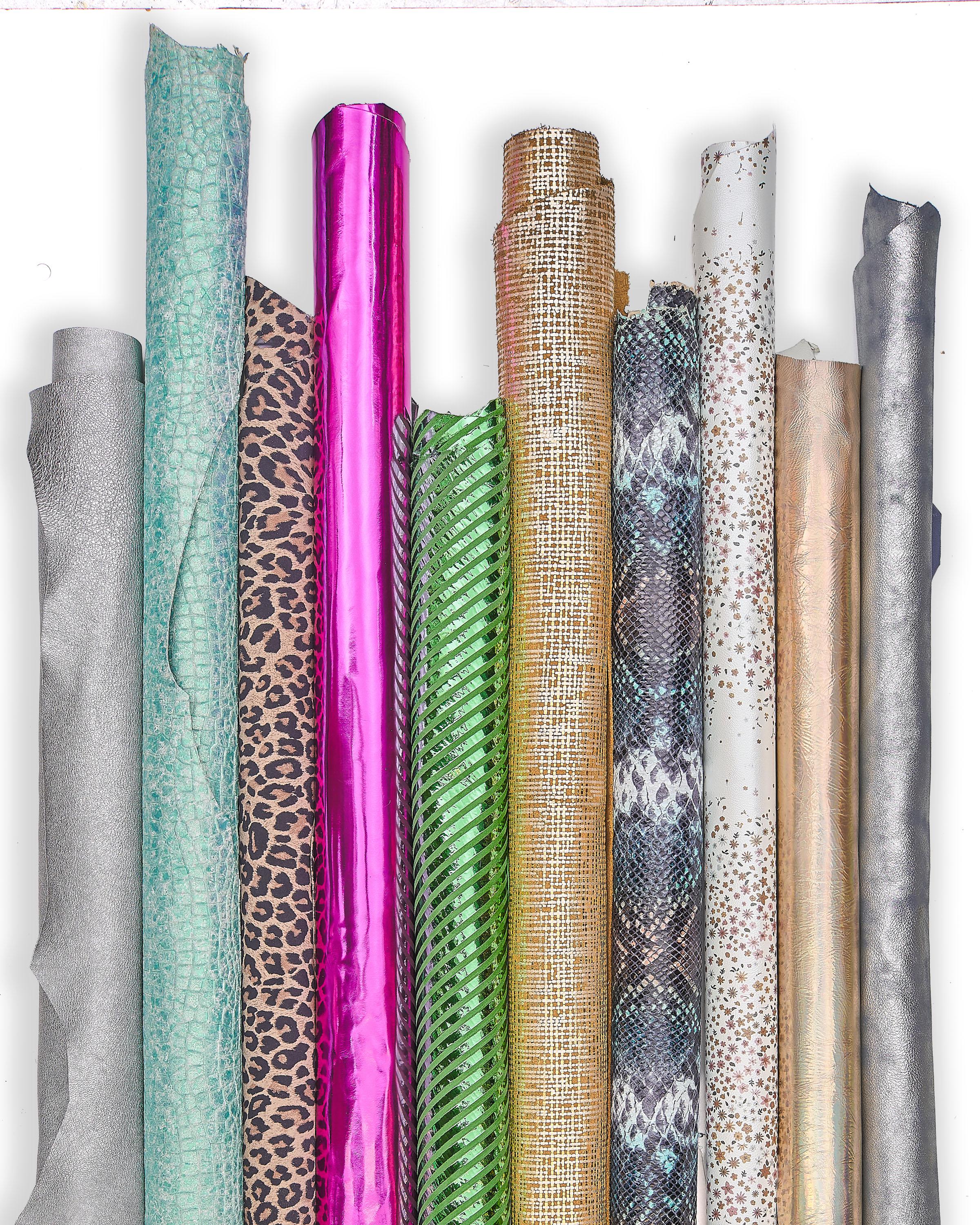 Assorted Leather skins Supply Bundle, Italian Deadstock, lot of bright printed leather hide B148 La Garzarara