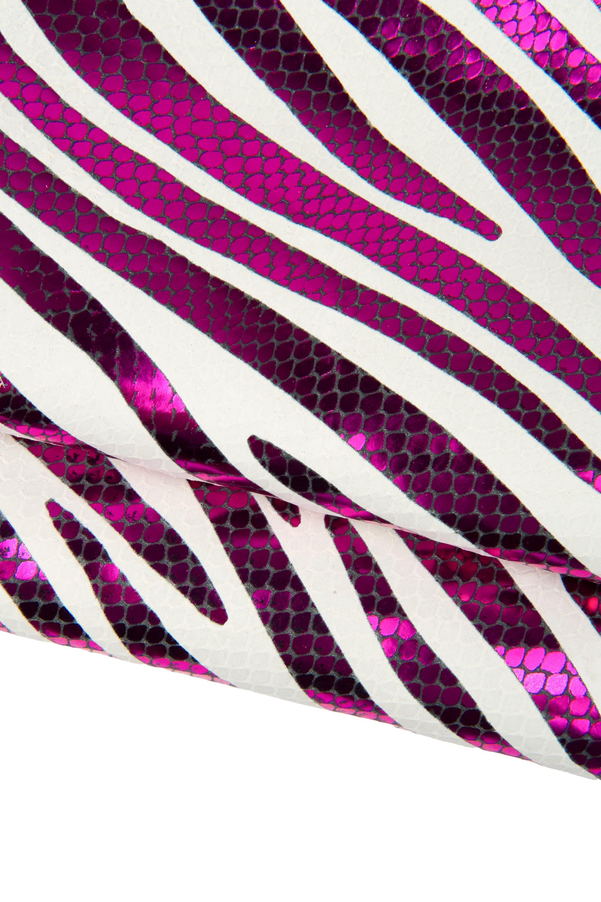 White fuchsia zebra leather hide, metallic animal print leather skin glossy, iridescent reptile effect PINK ZEBRA La Garzarara b18009-mt(st)