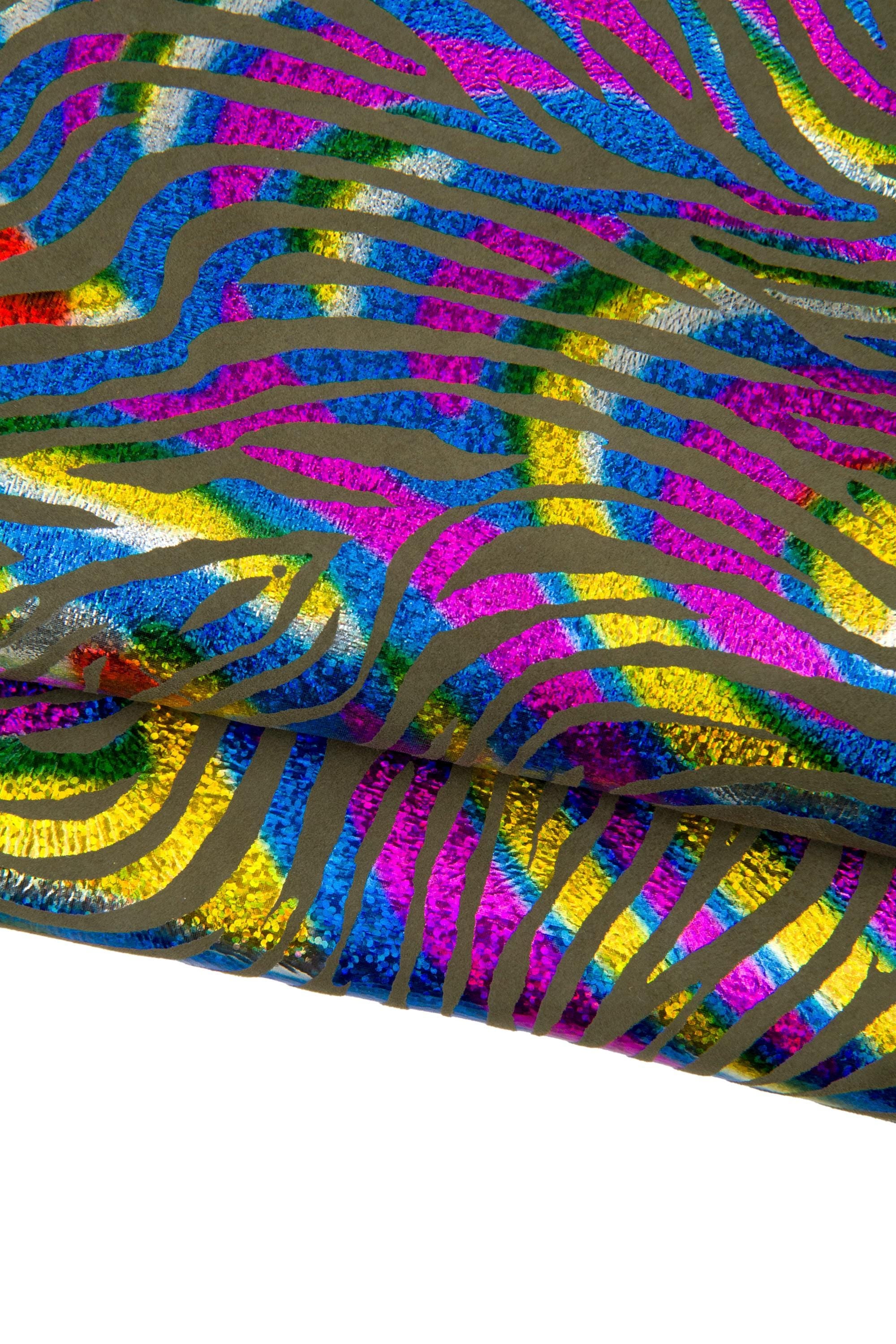 IRIDESCENT multicolor ZEBRA printed leather skin, military green suede goatskin - metallic animal print B17828-MT(st) La Garzarara