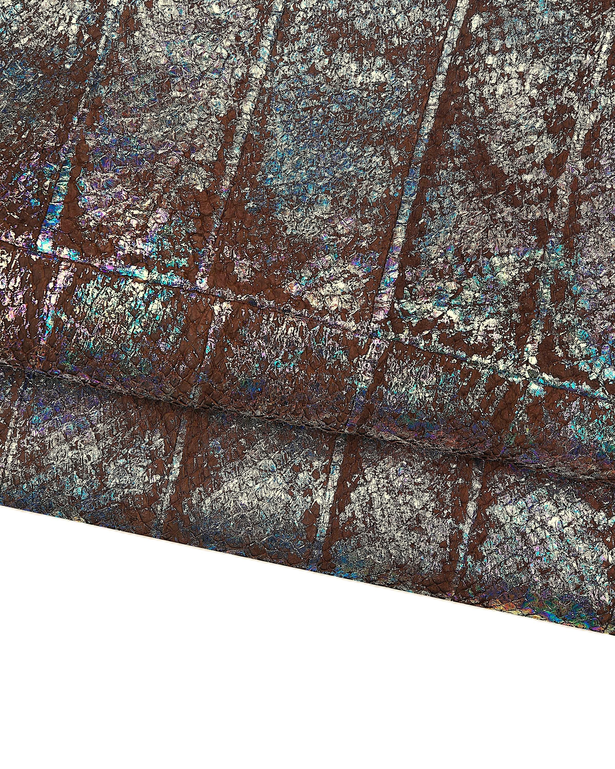 Brown HOLOGRAPHIC leather hide, multicolor metallic print on SALMON band, soft material B17899-MT(st) La Garzarara