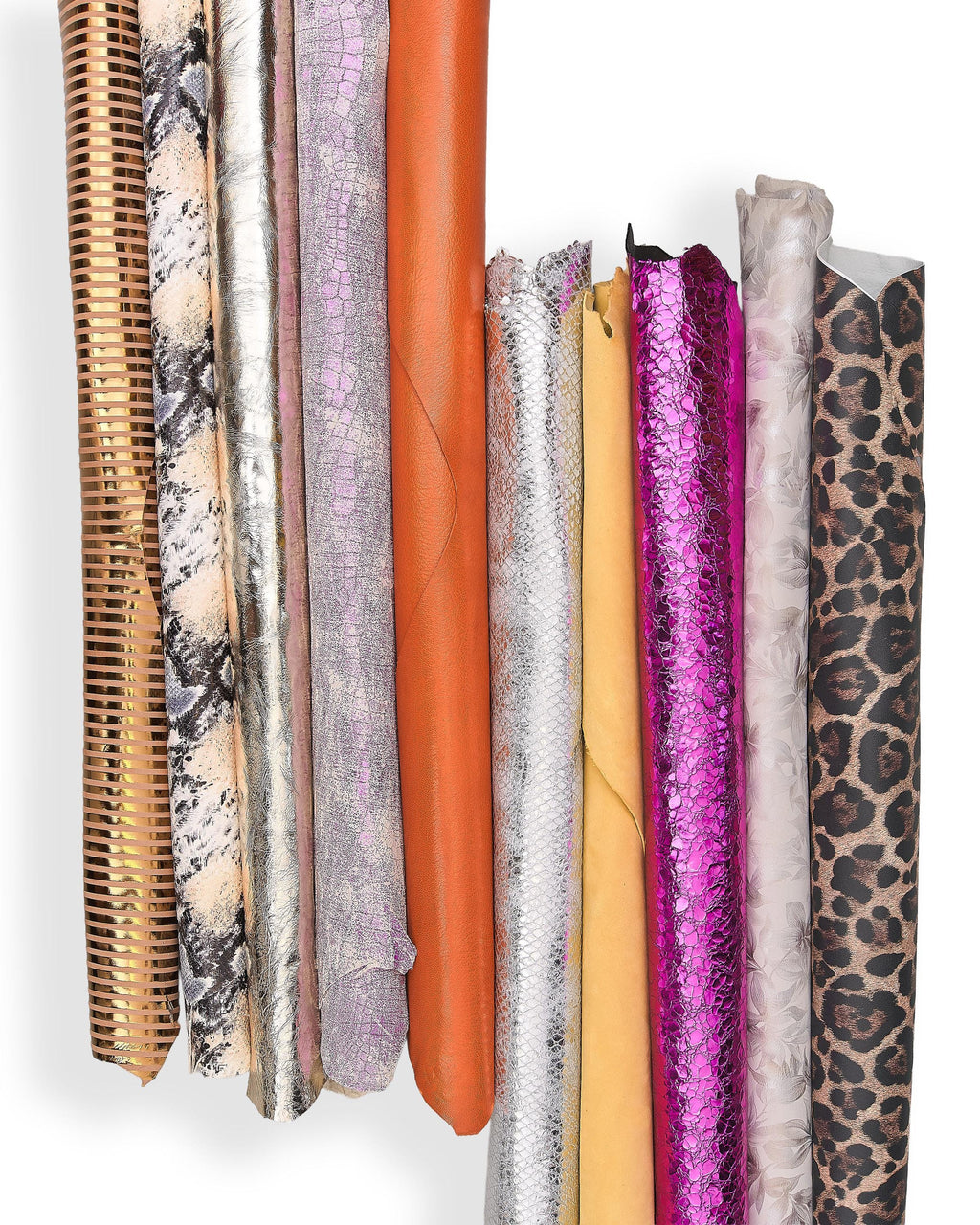 Lot of remnants leather skins, assortment of Printed metallic reptile textured, bundle colorful leather hides B149 La Garzarara