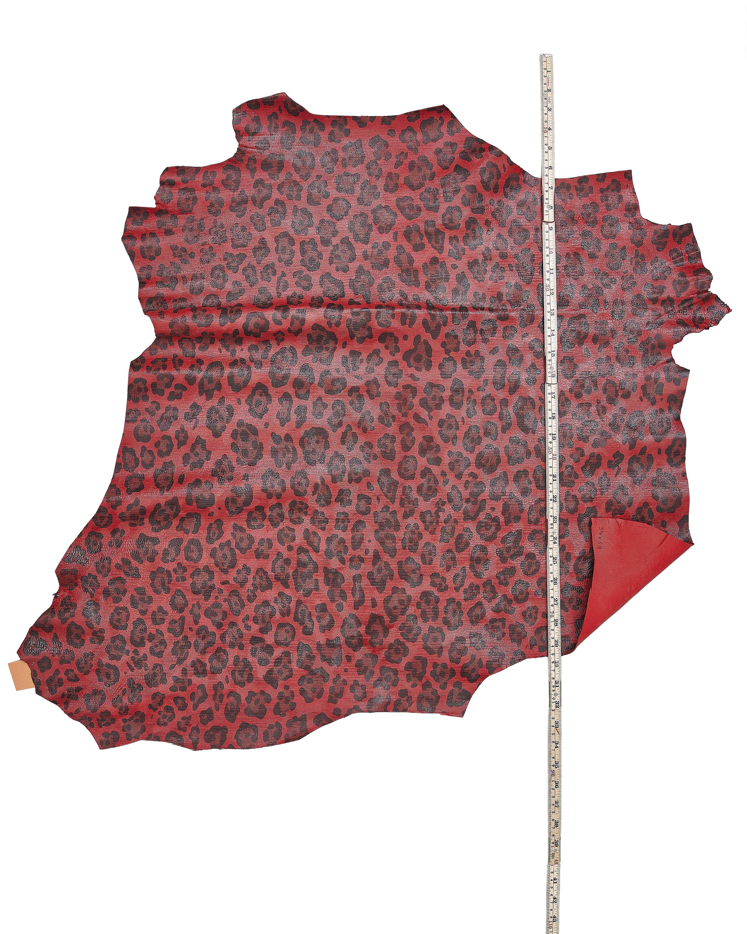 Red and black LEOPARD textured leather skin, animal cheetah printed glossy goatskin, luxurious CARVED hide for hobbyists B18177-ST
