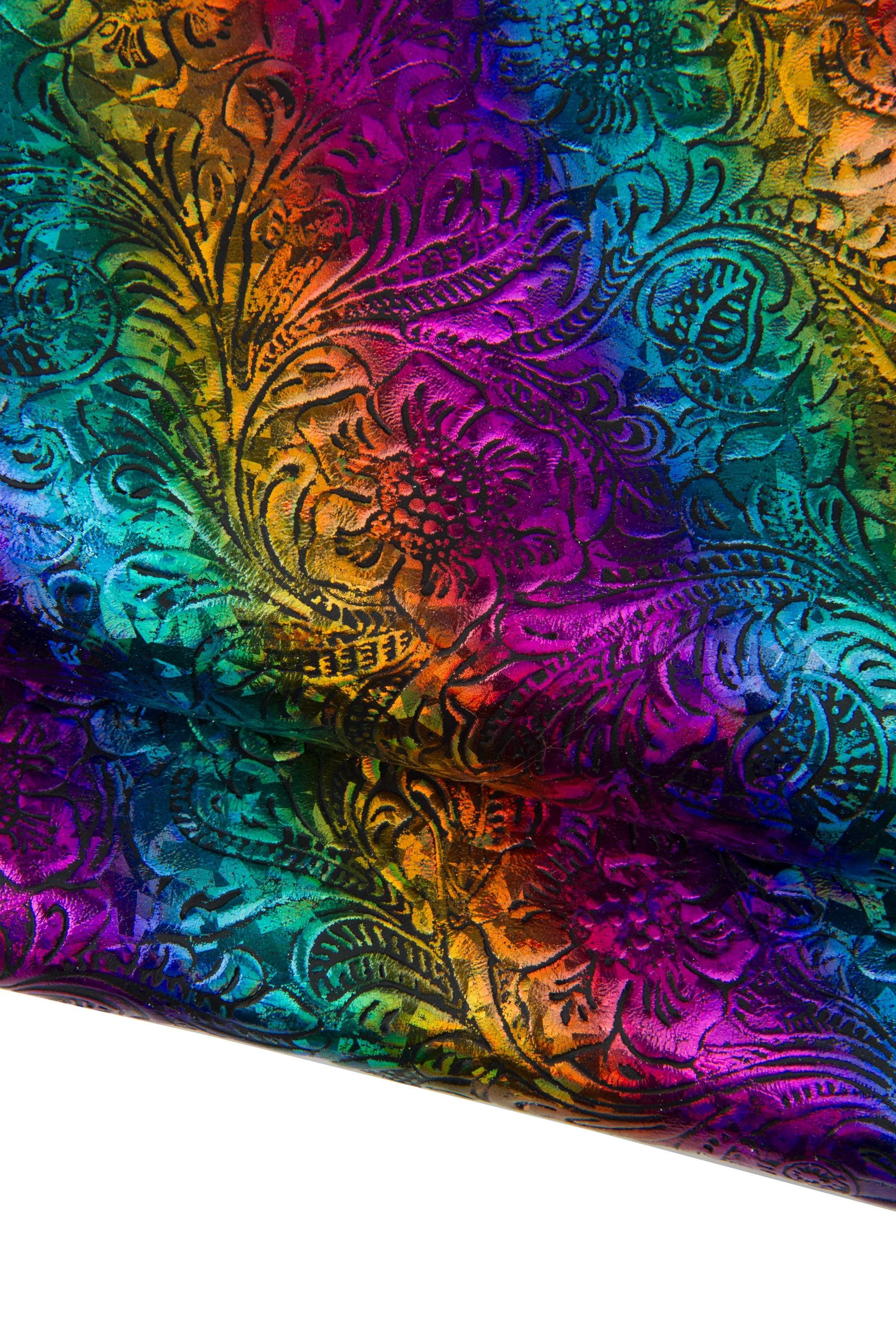 MULTICOLOR FLORAL leather hide, iridescent charro embossed metallic vintage slightly faded rainbow effect on striped goatskin B18043-MT(st)