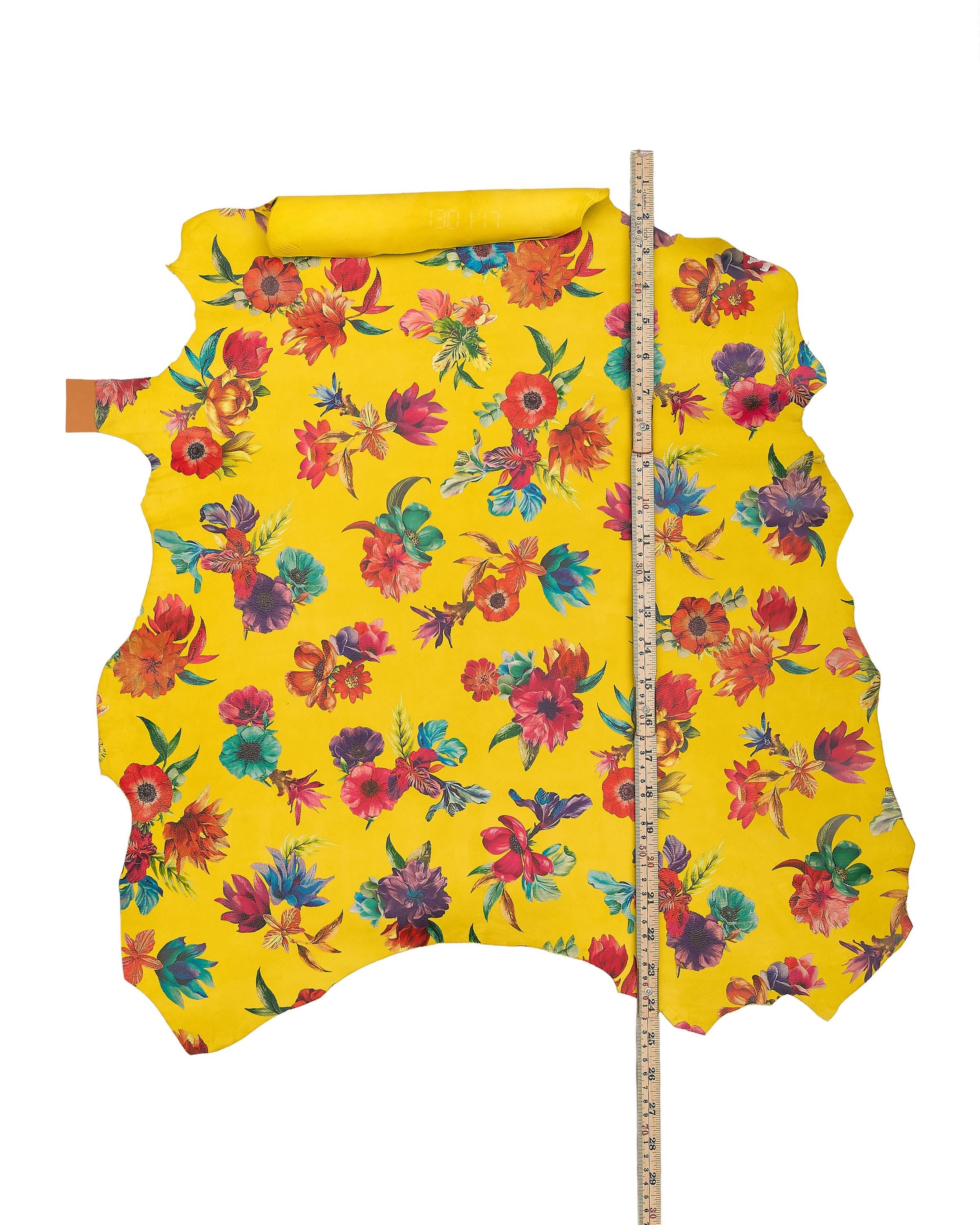 FLORAL print on yellow leather skin, MULTICOLOR flower textured suede goatskin, hide for hobbyists B17814-ST La Garzarara