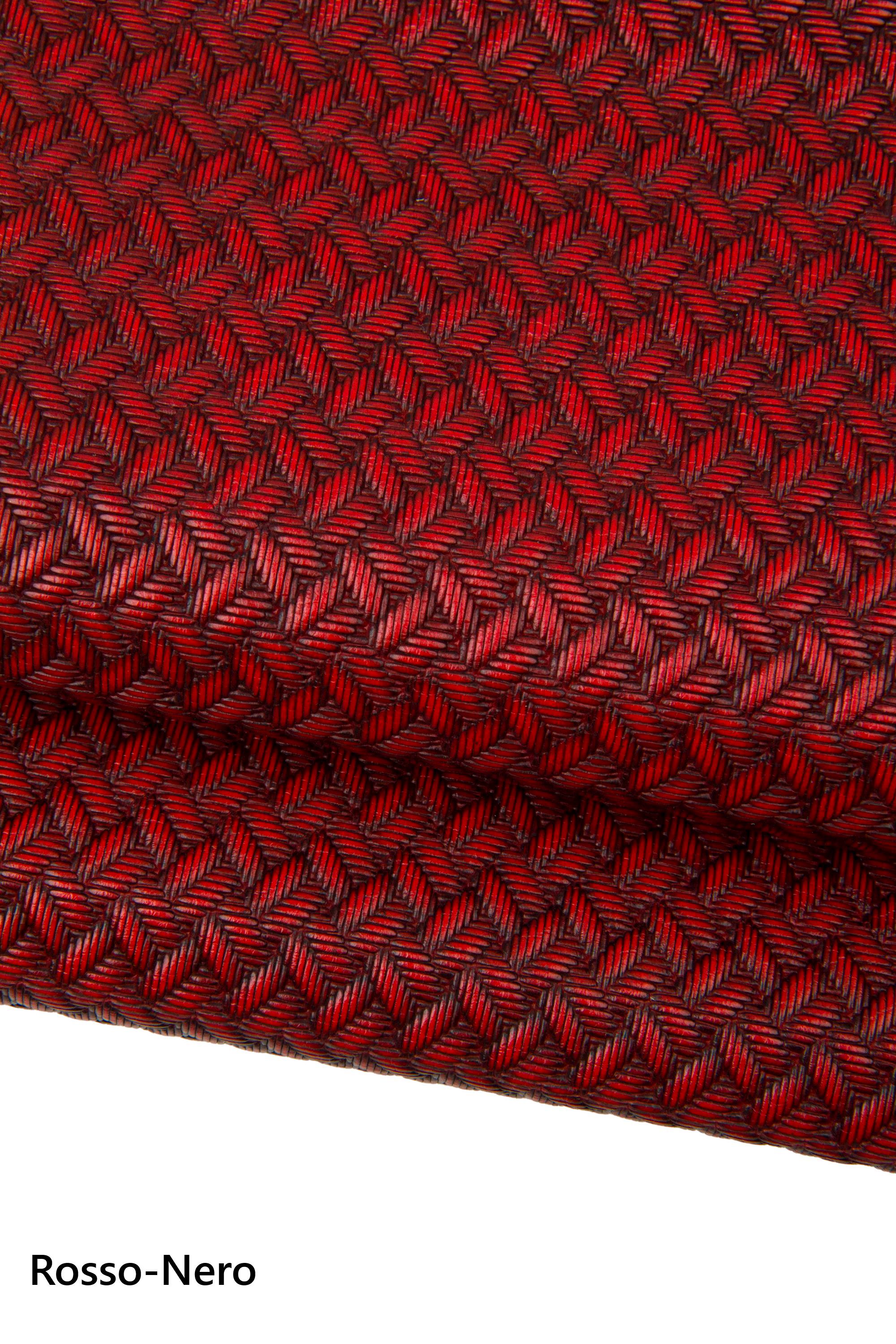 Basket weave embossed leather hide, woven effect geometric red black white black skin, leather for bags craft B18015-ST La Garzarara