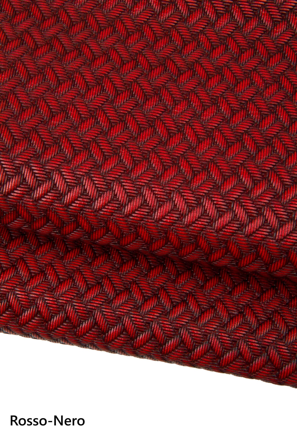Basket weave embossed leather hide, woven effect geometric red black white black skin, leather for bags craft B18015-ST La Garzarara
