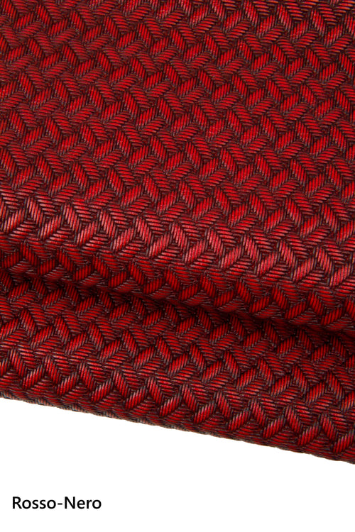 Basket weave embossed leather hide, woven effect geometric red black white black skin, leather for bags craft B18015-ST La Garzarara