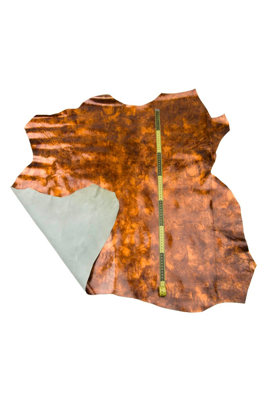 Glossy SHADED goatskin leather, orange - black metallic PATENT skin, grainy wrinkled soft hide for hobbyists B18264-MT(st) La Garzarara